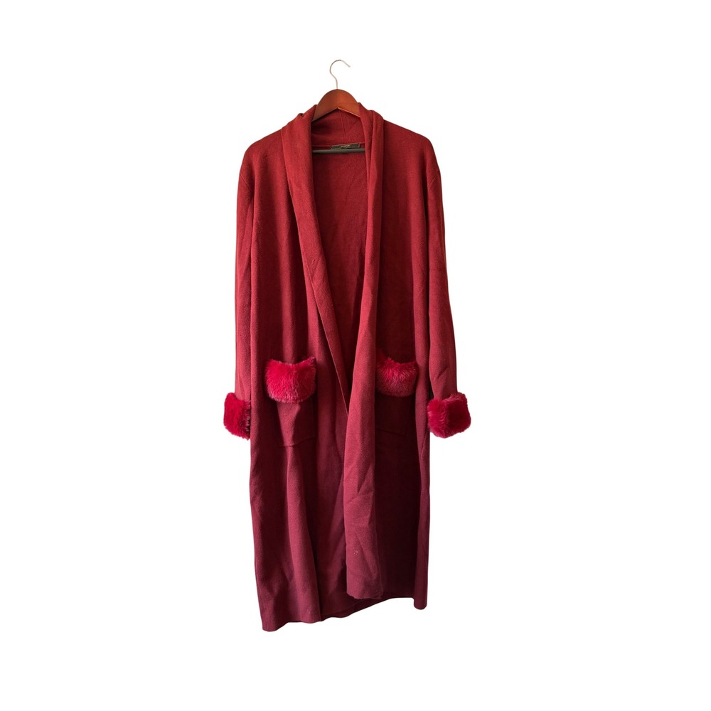 Y2k Womens Wine Red Faux Fur Trim Longline Duster Cardigan Sweater Large